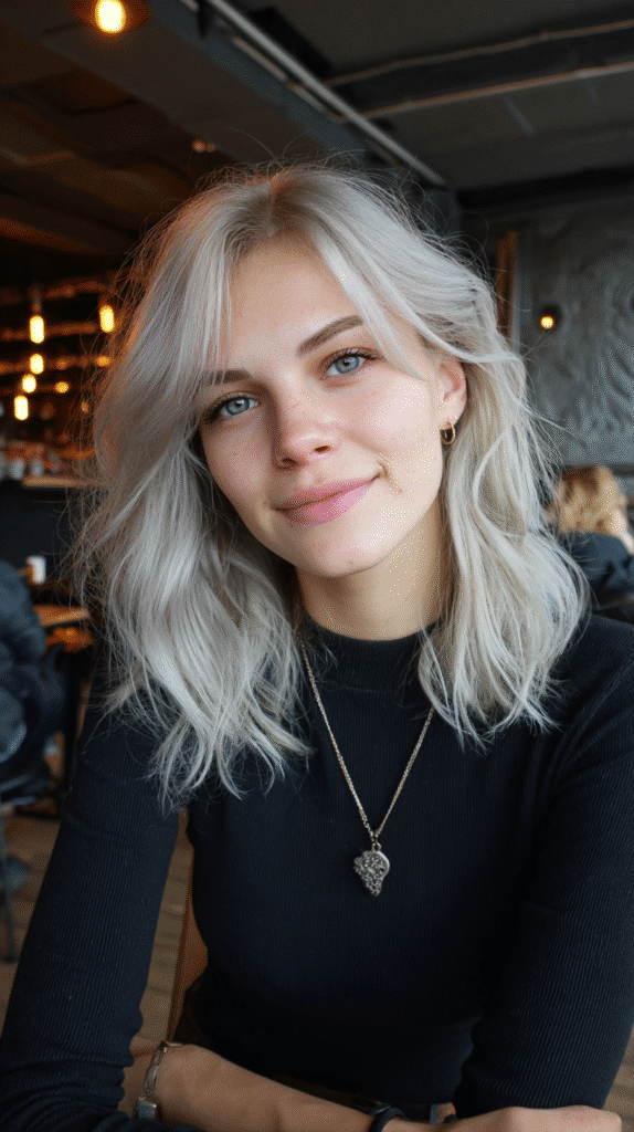Woman with a smoky silver blonde lob styled sleek and straight.