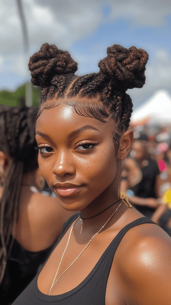 A Black woman with braided space buns, offering a fun, whimsical hairstyle with attitude.