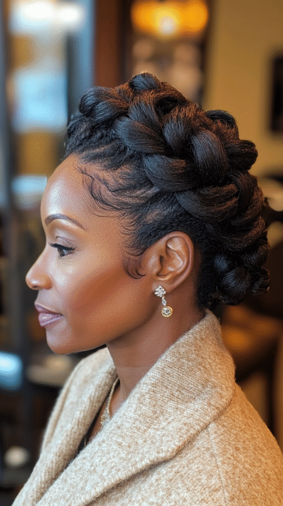Woman with hair rolled into a spiral pattern across the top or back.