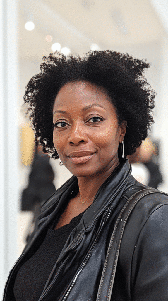 African-American woman with a teeny weeny afro wig standing in a contemporary art gallery.