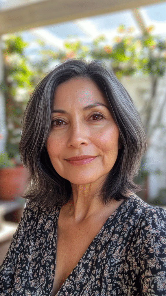 Woman with a tapered bob that's longer in the front and shorter in the back for natural volume.