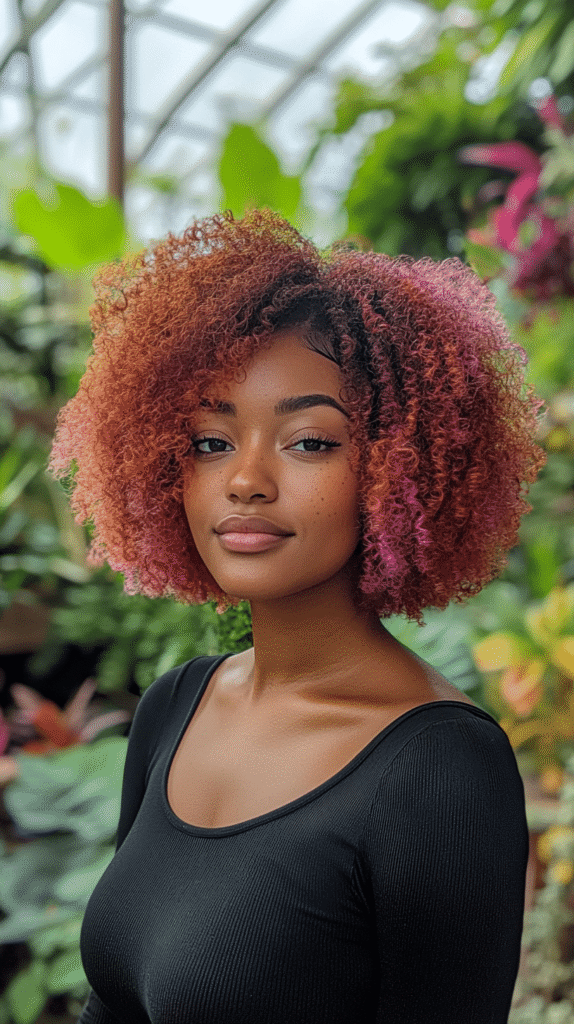A Black woman with a tapered afro featuring pink or purple colored ends, adding flair to natural texture.