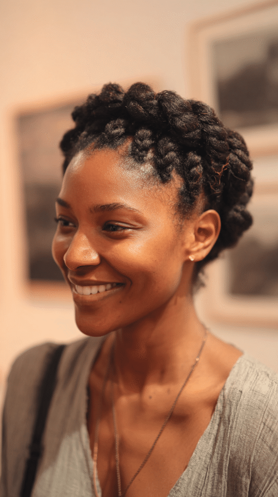 A Black woman with a thick twisted braid wrapped like a crown around her head for a regal look.