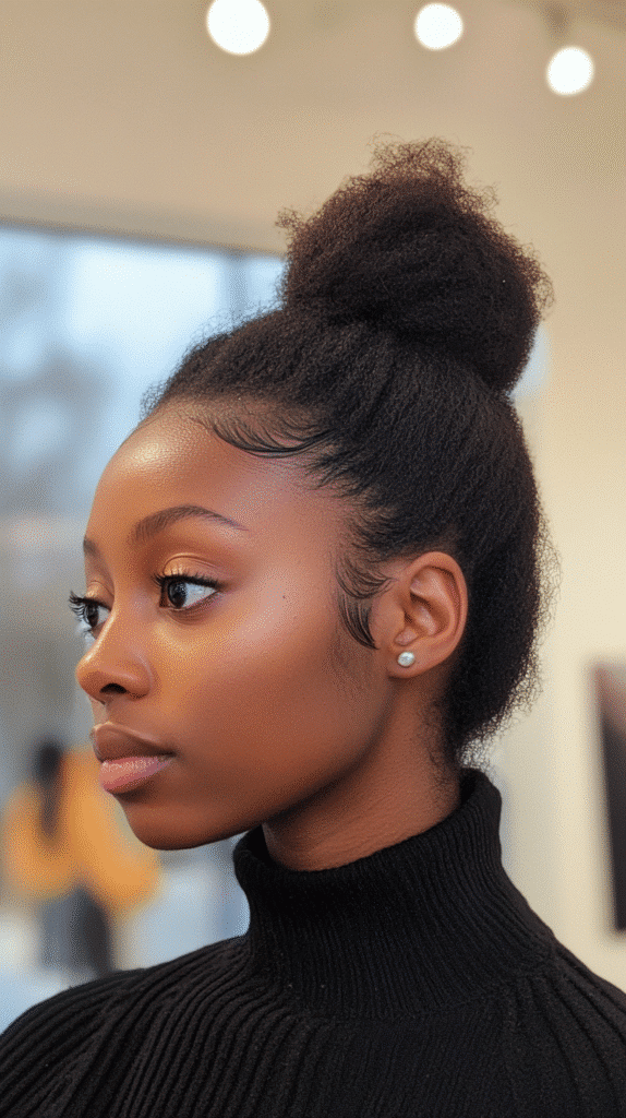 Woman featuring a textured twisted top knot bun, styled for a modern look.