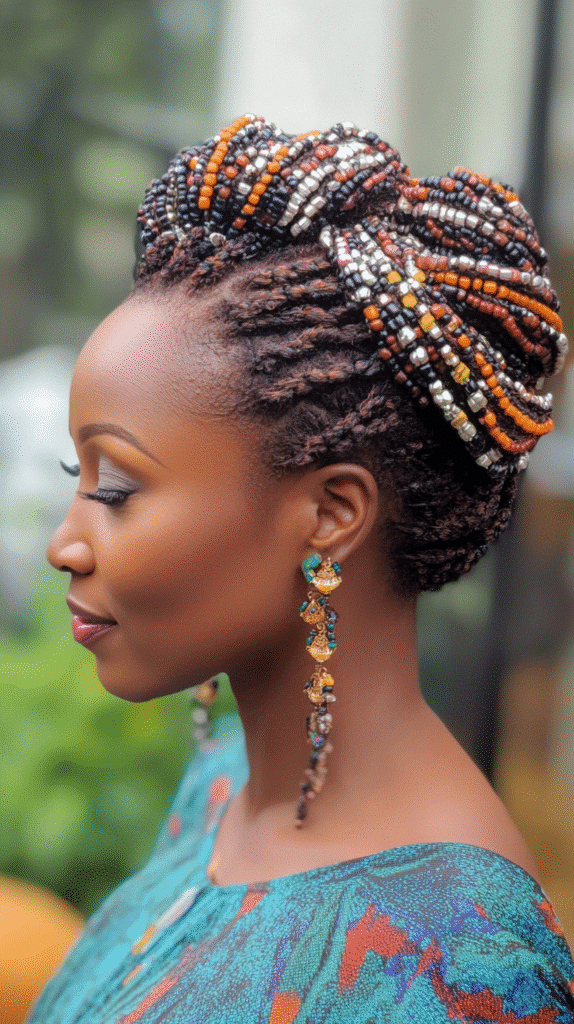 Woman with a decorative updo embellished with beaded details.