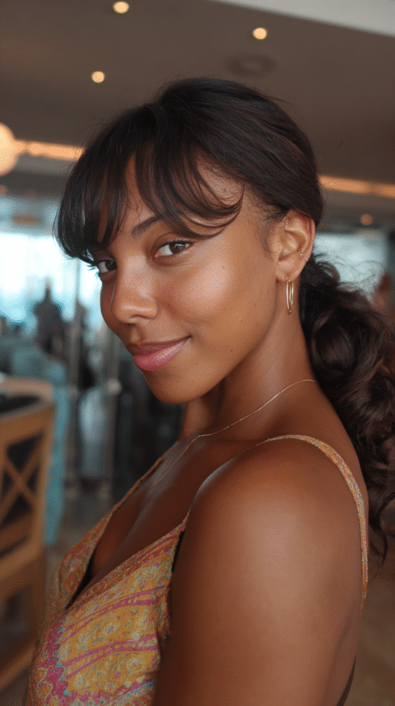Afro-Caribbean woman with soft waves and swooping side bangs styled into a side ponytail.