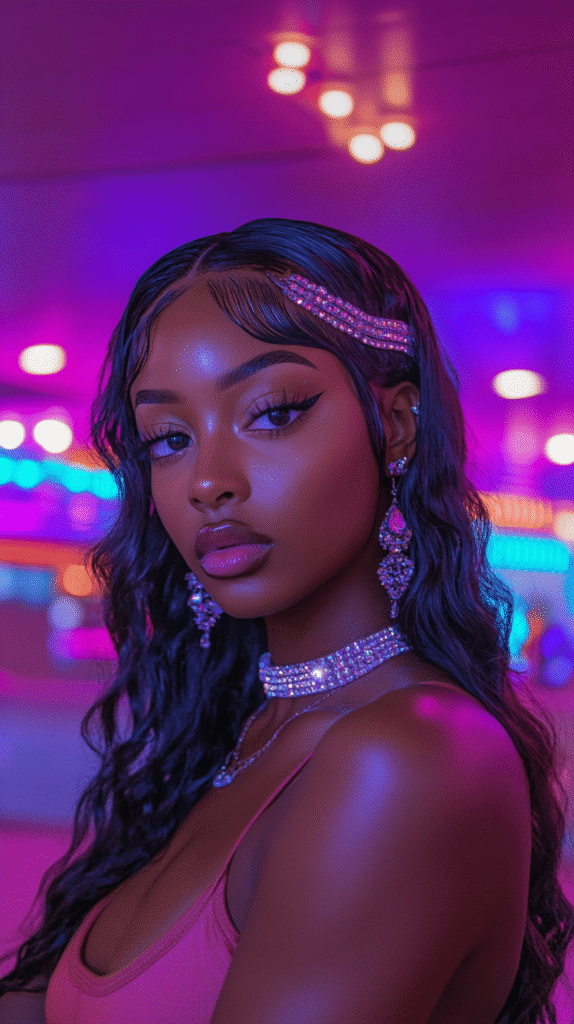 A Black woman sporting a slick wet-look style adorned with rhinestone hair jewels for extra shine.
