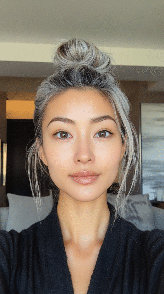 A high bun hairstyle featuring clean white-grey highlights that wrap around the base.