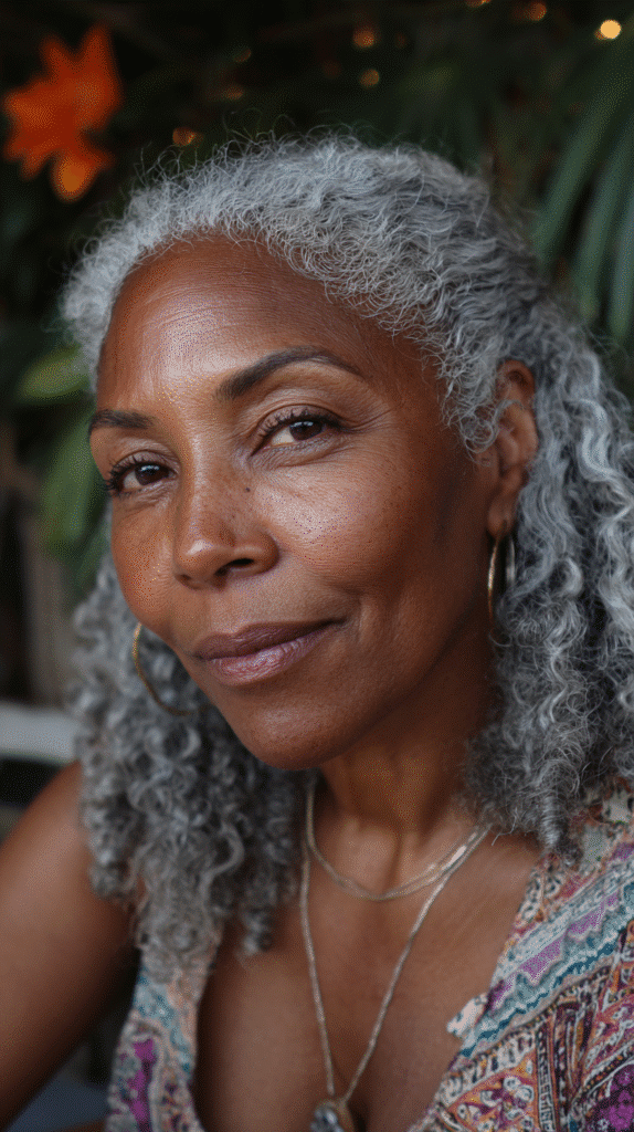 Ash-toned grey hair subtly deepened with smoky lowlights, creating a cool, modern finish.