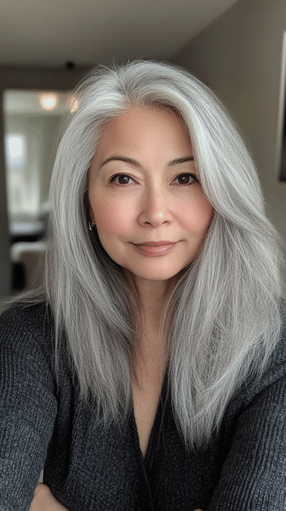 Cool grey hair blended with neutral beige lowlights for a soft, modern style.