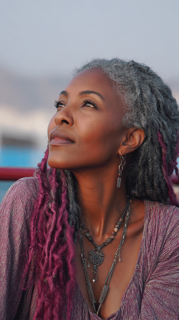 Graphite grey locks styled with burgundy lowlights for a rich and eye-catching color contrast.