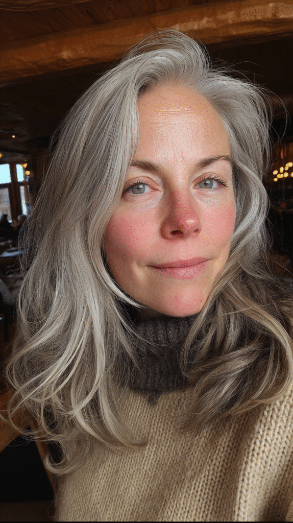 Light grey strands warmed with chestnut lowlights for a cozy and classic finish.