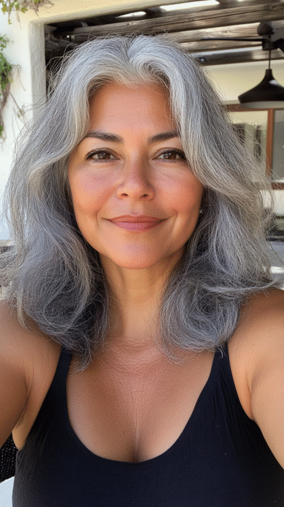 Natural grey hair warmed up with mocha-toned lowlights that add depth and richness.