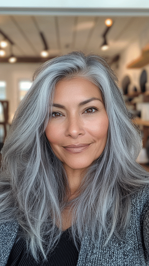 Platinum grey hair with muted pewter lowlights offering a futuristic and chic appearance.