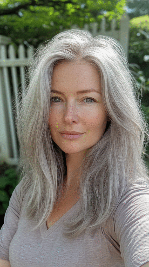 Soft grey hair lightened with sandy blonde lowlights for a sun-kissed, natural look.