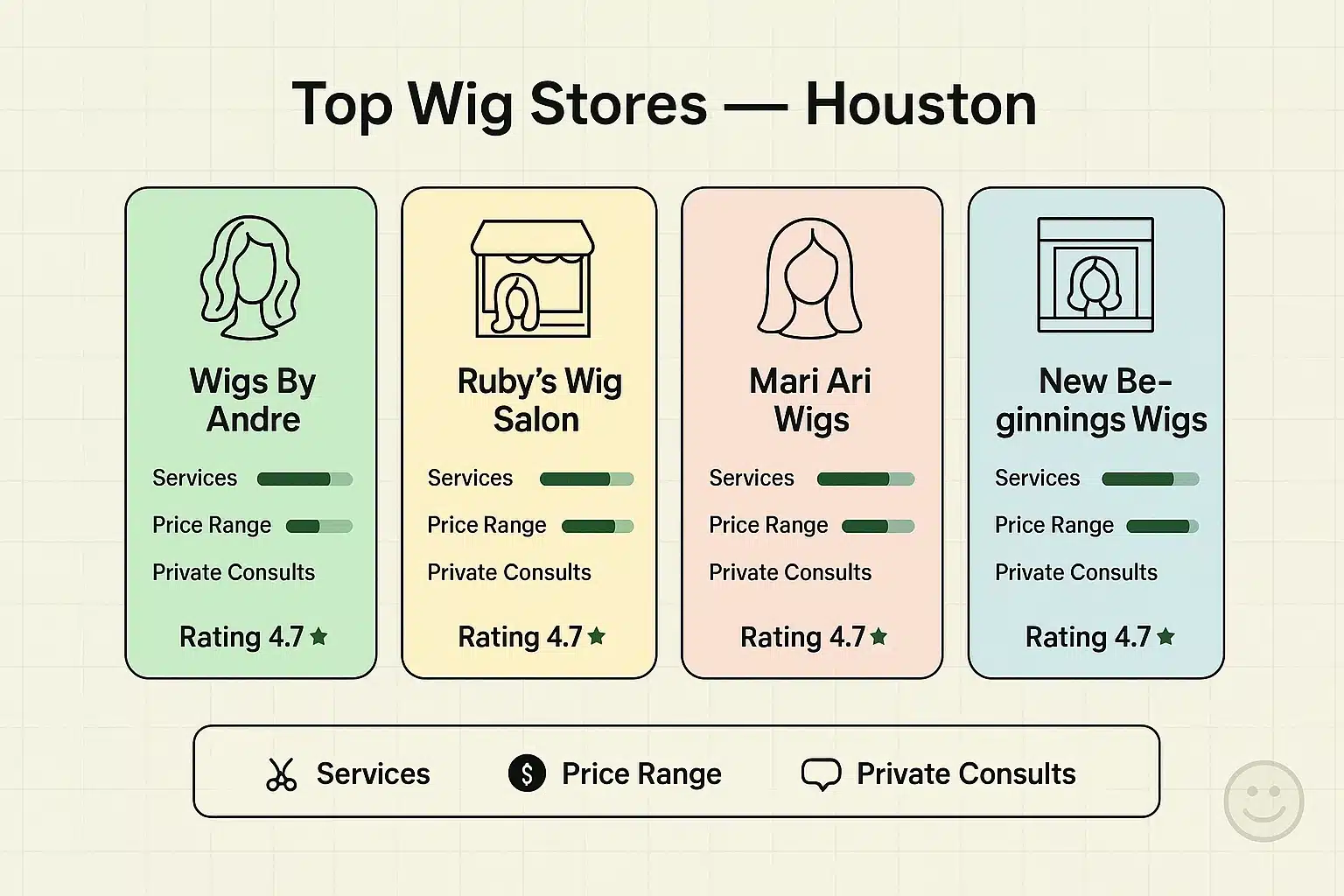 A comparison table showing top Houston wig stores with their star ratings, key services like 'Medical Wig Specialty' and 'Custom Fitting', and price cues ranging from moderate to high-end.