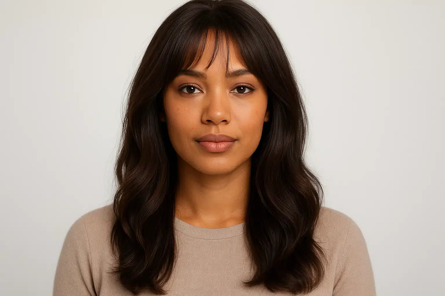 A woman with long, wavy blonde hair wearing a wig that softens facial features.