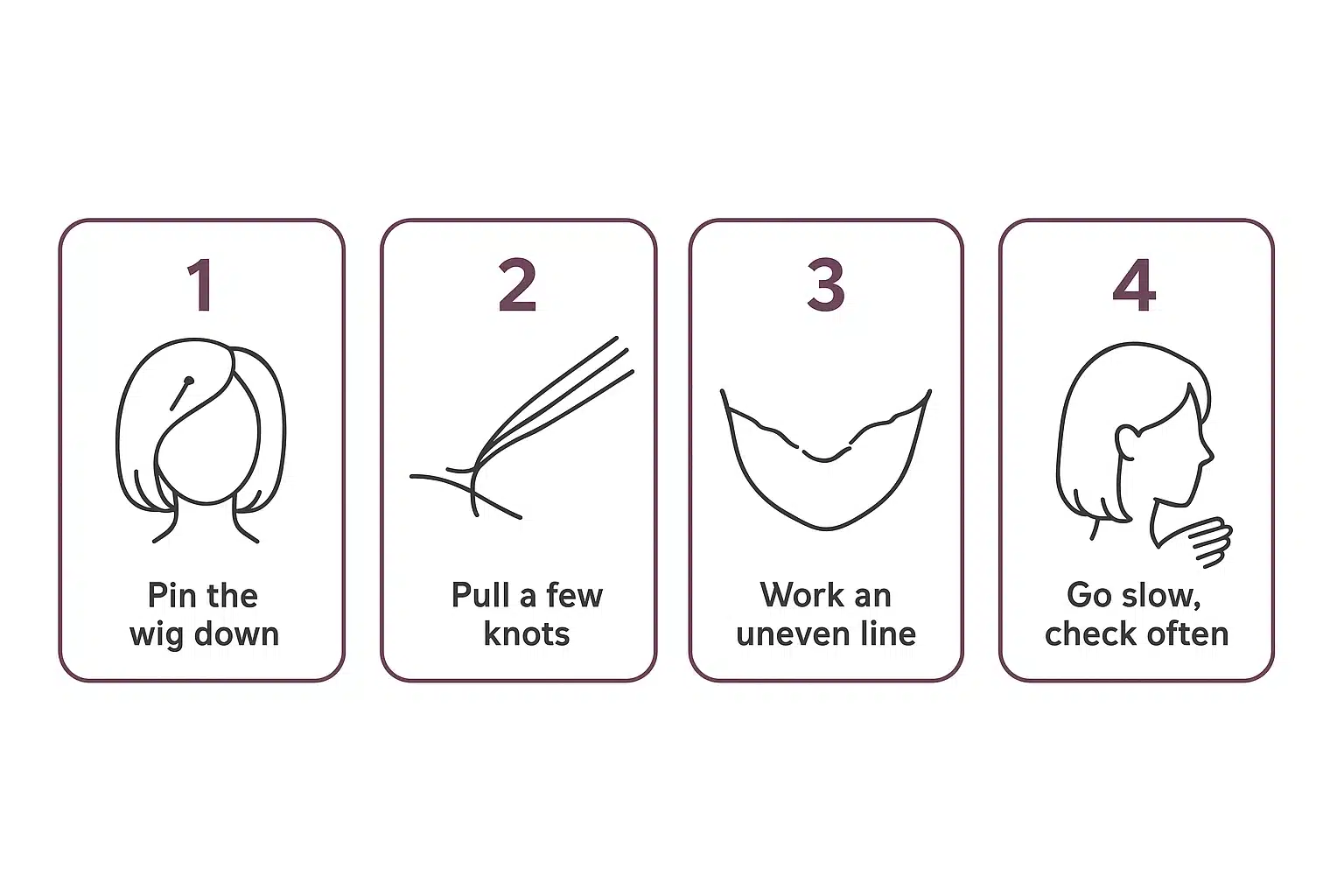 A step-by-step diagram showing how to pluck a lace front wig hairline on a wig head to make it look natural