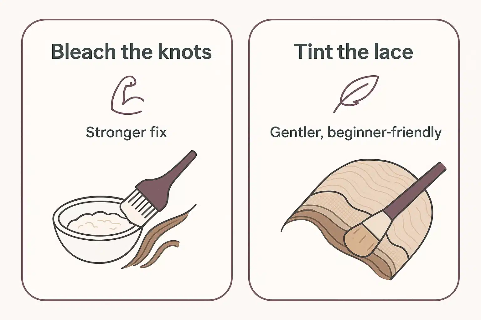 A comparison showing two ways to hide dark knots on a lace front wig, bleaching the knots versus tinting the lace