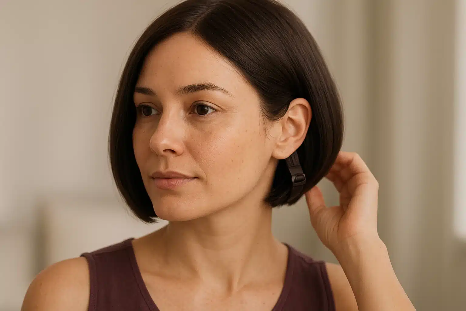 A woman wearing a natural-looking glueless bob wig, adjusting the secure adjustable strap at the back with no glue or adhesive involved