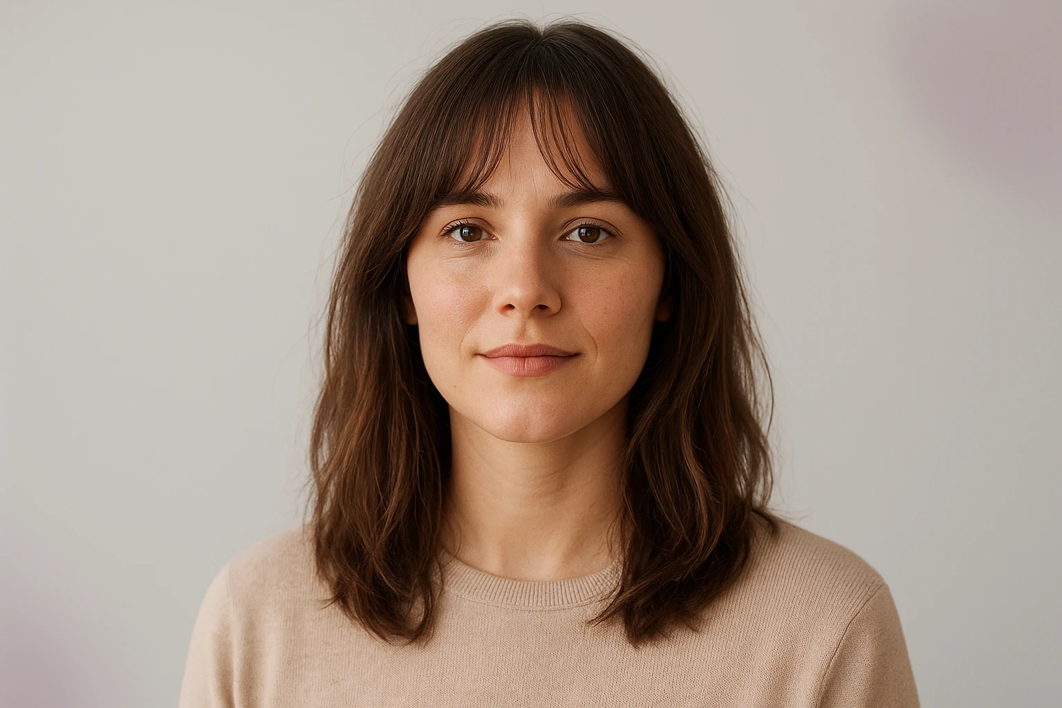 A woman wearing a human hair lace front wig with soft curtain bangs that frame her face naturally