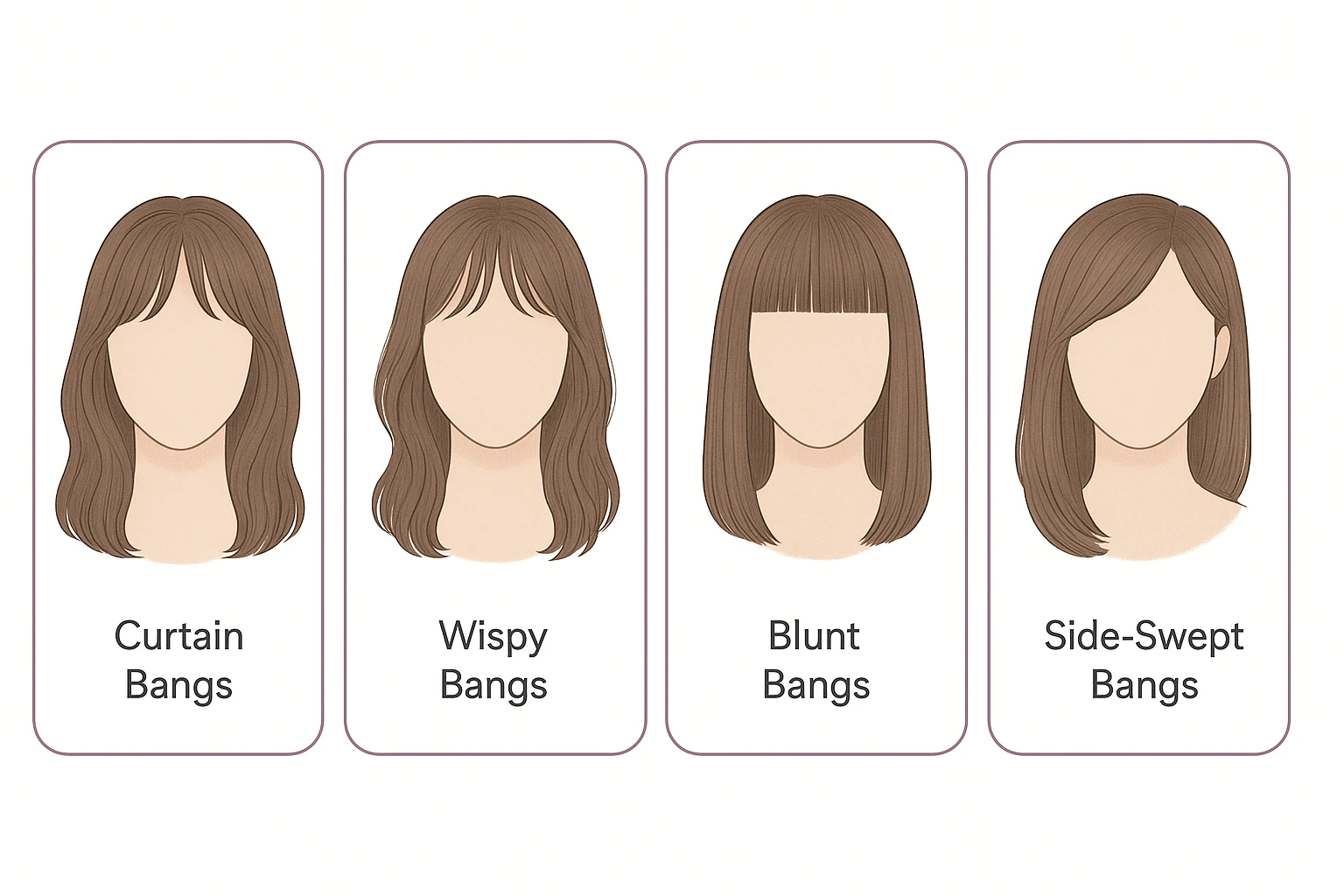 Side-by-side comparison of four human hair wig bang styles: curtain, wispy, blunt, and side-swept fringe