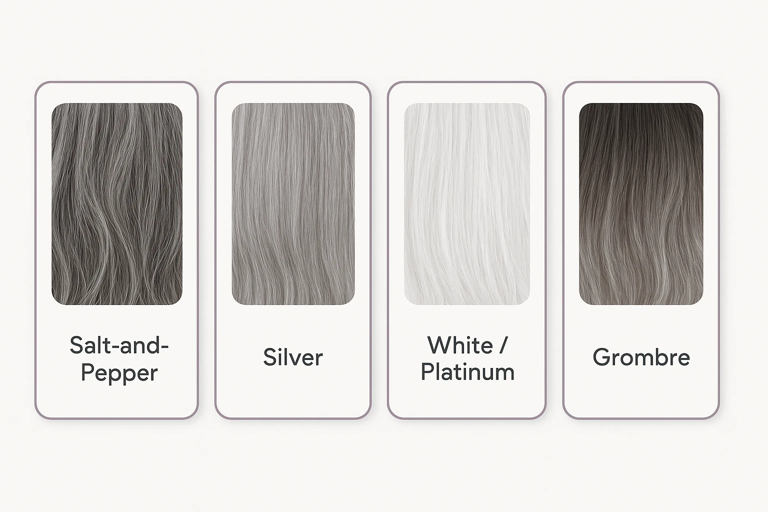 Labeled comparison of the four gray wig shade families: salt-and-pepper, silver, white or platinum, and grombre
