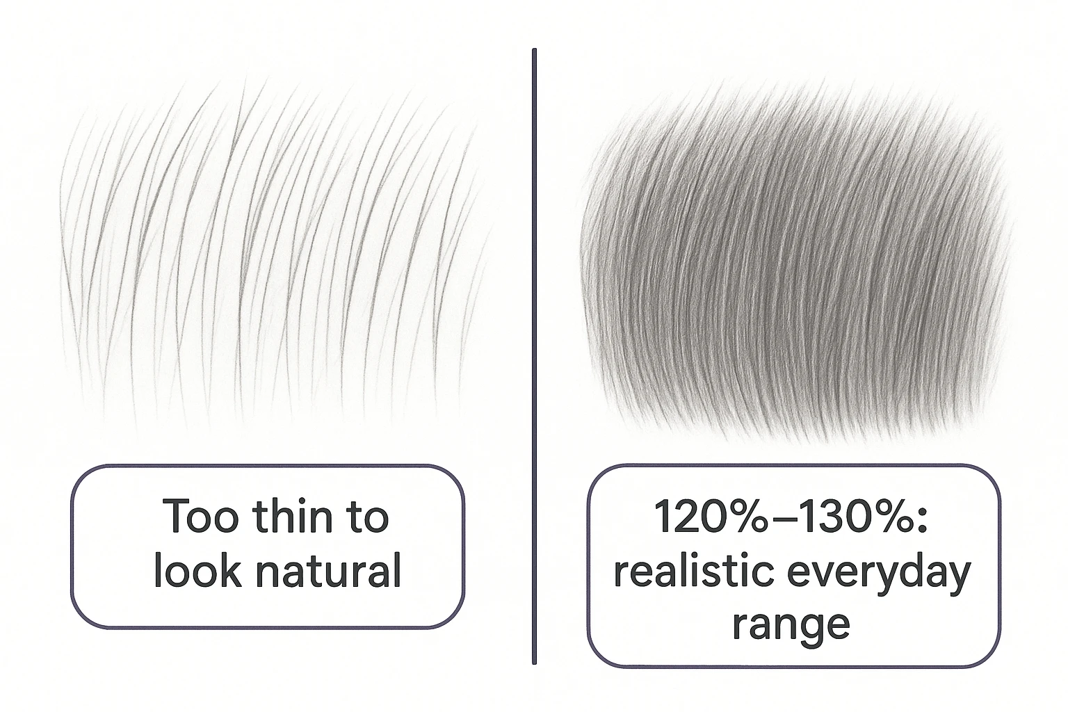 Side-by-side diagram comparing lower and higher density gray wig hair, showing how fullness reads differently on gray than on dark hair
