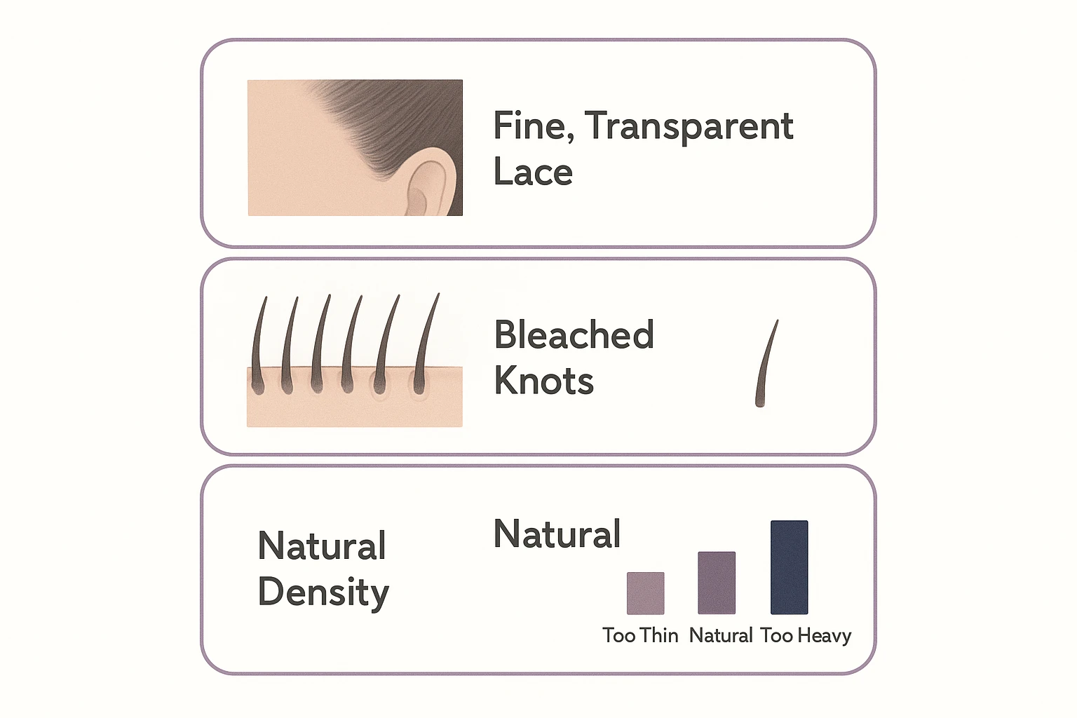 Labeled diagram showing the lace, knots, and density details that make human hair wig bangs look natural