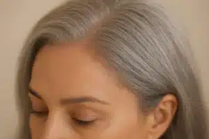 Close-up of a natural-looking gray lace front wig hairline where the sheer lace and knots blend invisibly into the skin