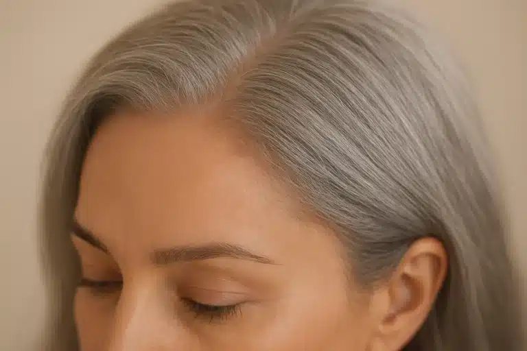 Close-up of a natural-looking gray lace front wig hairline where the sheer lace and knots blend invisibly into the skin