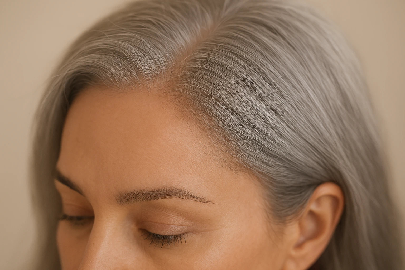 Close-up of a natural-looking gray lace front wig hairline where the sheer lace and knots blend invisibly into the skin